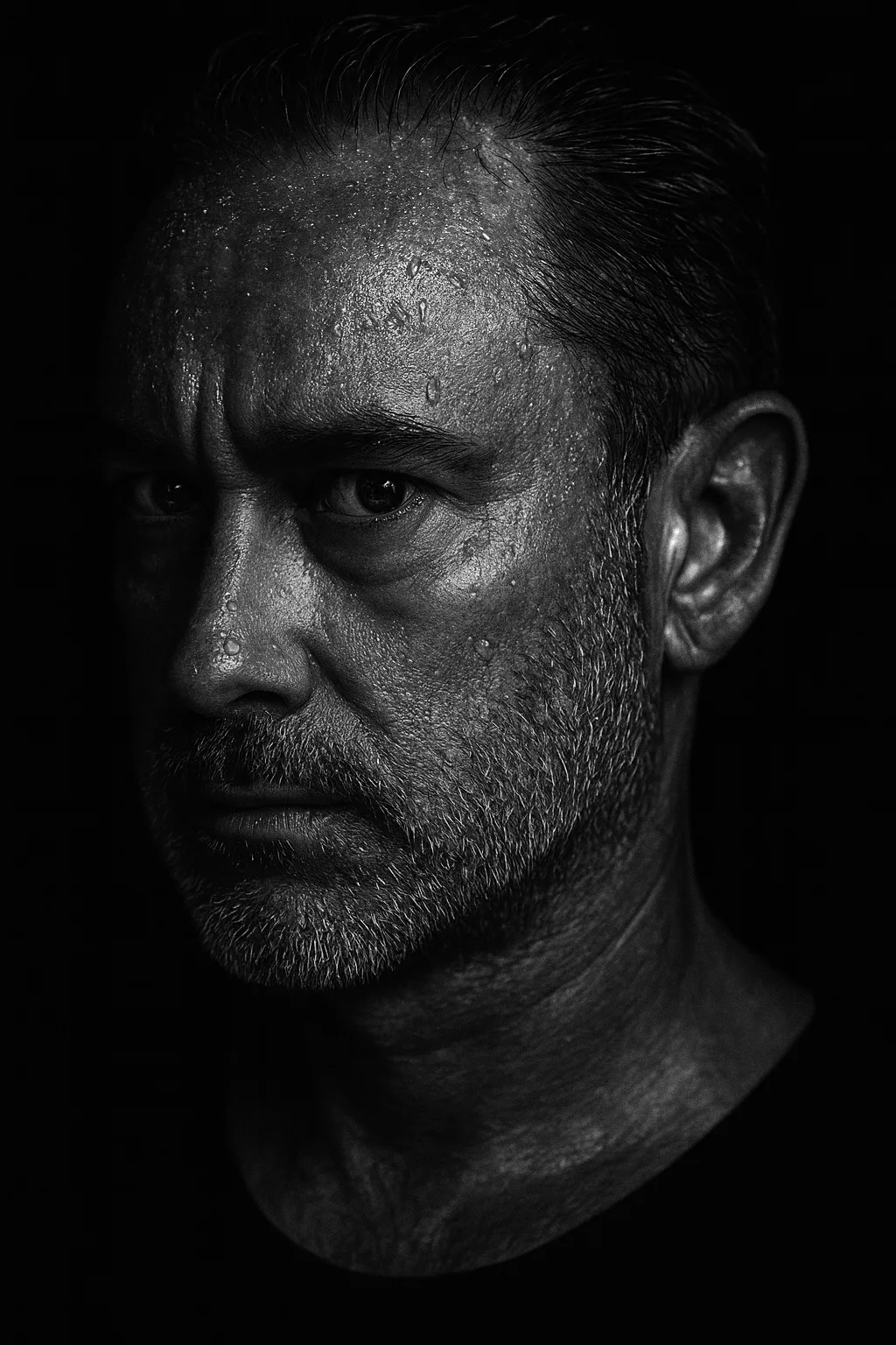 Black-and-white portrait of Colin Pantin: a close, low-key studio photograph of his face turned three-quarters to the left, short dark hair, stubble, a steady serious gaze.